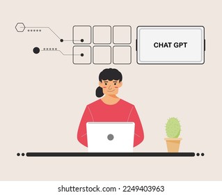 chat GPT women person use laptop digital. girl people search chat GPT AI, openAI, smart bot, workplace, technology background. vector illustration for artificial intelligence, infographic, web banner.