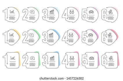Chat, Graph chart and Car line icons set. Infographic timeline. Repairman, Chart and Move gesture signs. Speech bubble, Growth report, Transport. Repair service. Technology set. Vector