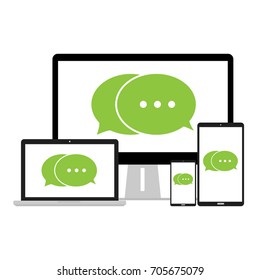 Chat green message notifications on mobile phone labtop tablet and computer PC. Vector illustration concept of online talking speak conversation and dialog design.
