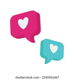 Señal de chat y Heart 3D. como iconos, iconos 3d, corazón, concepto de aplicaciones de comunicación social en línea, mensaje. 3.ª representación