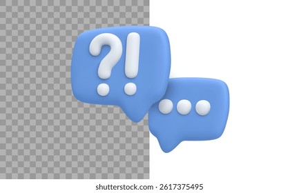 Chat Icon 3D With Question Mark And Exclamation For Customer Support, Messaging Apps, Or Online Help Concepts. Blue Speech Bubbles On Transparent Background. Vector Illustration. - Powered by Shutterstock - Get 15% off with code: PIKWIZARD15