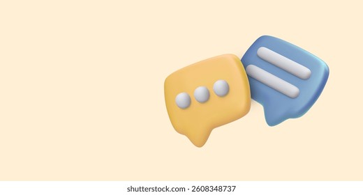 Chat Icon With 3D Speech Bubbles In Yellow And Blue On Pastel Background. Fun UI Symbol For Communication, Message, Or App Interface Design. Vector Illustration.