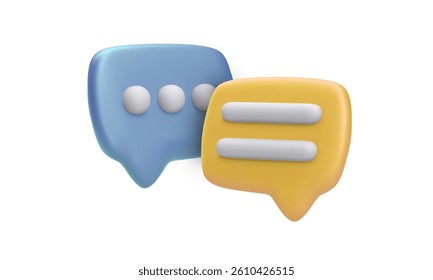 Chat Icon With 3D Yellow And Blue Speech Bubbles On White Background. Perfect For Messaging, Mobile App, UI, Or Communication Concept. Bright And Minimalist Look. Vector Illustration.
