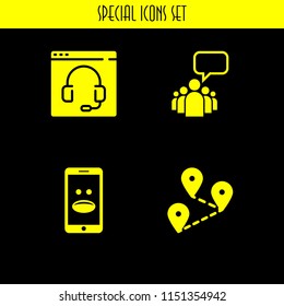 chat icon. 4 chat set with video chat, smartphone with emoticon, leader of a group with an empty speech bubble and distance vector icons for web and mobile app