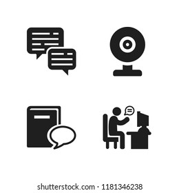 chat icon. 4 chat vector icons set. dialog, book and speech bubble and man on his desk in chat with a client icons for web and design about chat theme