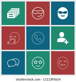 Chat icon. collection of 9 chat filled and outline icons such as message, cool emot in sunglasses, happy emoji with star eyes. editable chat icons for web and mobile.