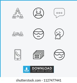 Chat icon. collection of 9 chat outline icons such as crying emot, cool emot in sunglasses, vomiting emot, message, phone. editable chat icons for web and mobile.