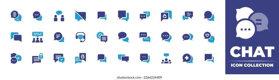 Chat icon collection. Duotone color. Vector illustration. Containing chat, talking, chat room, no message, speech bubble, message, privacy, conversation, comment, community, headset, settings.