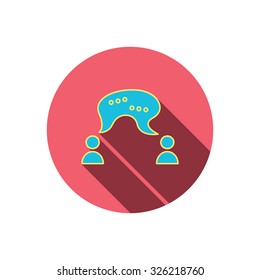 Chat icon. Comment message sign. Dialog speech bubble symbol. Red flat circle button. Linear icon with shadow. Vector