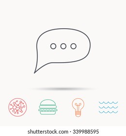 Chat icon. Comment message sign. Dialog speech bubble symbol. Global connect network, ocean wave and burger icons. Lightbulb lamp symbol.