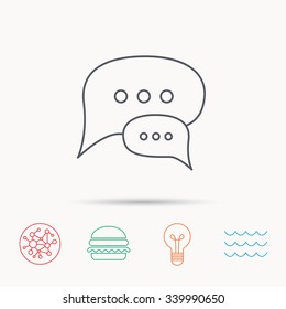 Chat icon. Comment message sign. Dialog speech bubble symbol. Global connect network, ocean wave and burger icons. Lightbulb lamp symbol.