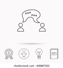 Chat icon. Comment message sign. Dialog speech bubble symbol. Download arrow, lamp, learn book and award medal icons.