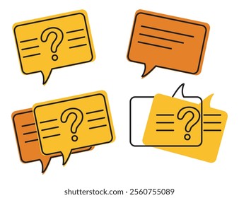 Chat icon. Dialox text. Four Speech Bubbles with Question Marks, Representing Uncertainty.