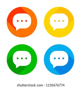 chat icon. Flat white icon on colored circles background. Four different long shadows in each corners