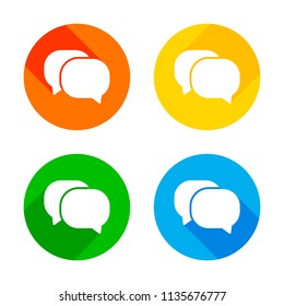 chat icon. Flat white icon on colored circles background. Four different long shadows in each corners