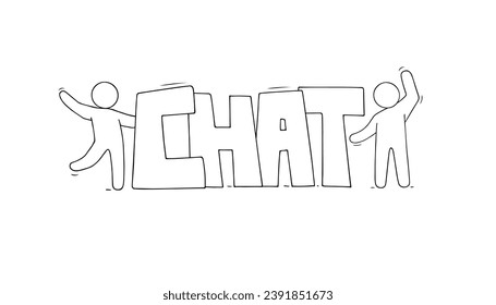 Chat icon with hand drawn text and comic characters. Concept of talk in social media, Internet messages, online conversation. Doodle people and sketch yellow word, vector illustration