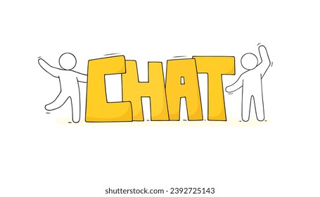 Chat icon with hand drawn text and comic characters. Concept of talk in social media, Internet messages, online conversation. Doodle people and sketch yellow word, vector illustration