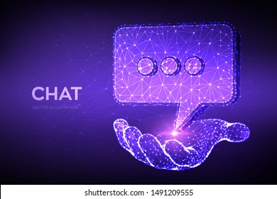 Chat icon. Low poly abstract Chat sign in hand. Speech bubble message symbol. Dialogue cloud. Abstract Social Network or Communication theme in blue color. 3D polygonal vector illustration.