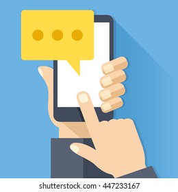 Chat Icon, Message On Smartphone Screen. Hand Holds Smartphone, Finger Touches Screen. Modern Instant Messaging Concept For Web Banner, Web Site, Infographics. Creative Flat Design Vector Illustration