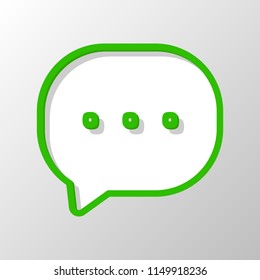 chat icon. Paper style. Cut symbol with green bold contour on shape and simple shadow