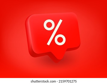 Chat icon with percent pictogram on red background. Isometric 3d vector icon