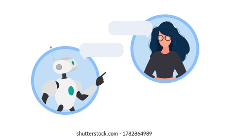 Chat icon. A robot in dialogue with a girl. Suitable for apps, sites and topics related to automatic replies and artificial intelligence. Vector.