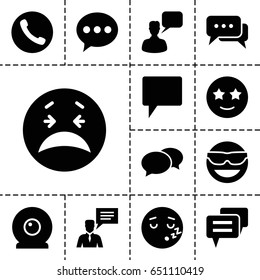 Chat icon. set of 13 filled chaticons such as chat, chatting man, emot in sun glasses, crying emot, happe emoji with star eyes, sleeping emot, man with chat bubblle