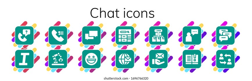 Chat Icon Set. 14 Filled Chat Icons. Included Call, Italic, Robot, Chat, Yahoo, Blog, Email, Network, Supporter, Manual, Comments Icons