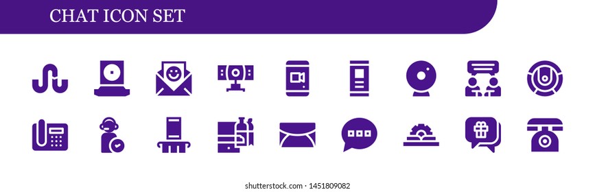 chat icon set. 18 filled chat icons.  Collection Of - Stumbleupon, Webcam, Communication, Smartphone, Chat, Robot, Telephone, Operator, Shopping online, Email, Comment, Manual