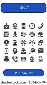 chat icon set. 25 filled chat icons.  Collection Of - Email, Webcam, Smartphone, Help, Telephone, Support, Call center, Commentator, Network, Customer support, Chat, Influence