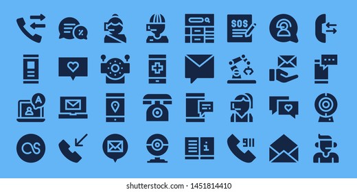 chat icon set. 32 filled chat icons. on blue background style Collection Of - Call, Smartphone, Chat, Lastfm, Conversation, Email, Phone call, Call center, Robot, Phone, Webcam