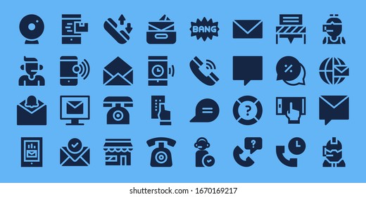 chat icon set. 32 filled chat icons. Included Webcam, Call center, Notification, Smartphone, Email, Phone call, Phone, Market, Inbox, Comic, Telephone, Chat, Operator, Help icons