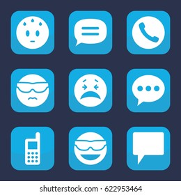 Chat icon. set of 9 filled chat icons such as phone, emot in sun glasses, crying emot, chat