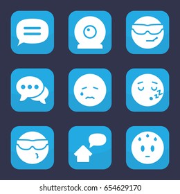 Chat icon. set of 9 filled chat icons such as crying emot, cool emot in sunglasses, chat, web camera