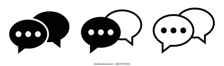 Chat icon set, black speech bubble with dots, Message conversation symbol. Flat communication icon, dialog balloon graphic vector illustration.
