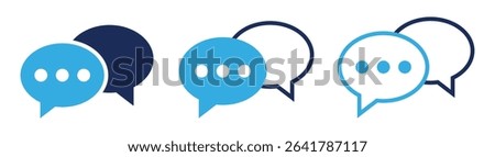 Chat icon set, blue speech bubble with dots, Message conversation symbol. Flat communication icon, dialog balloon graphic vector illustration.