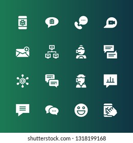 chat icon set. Collection of 16 filled chat icons included Feedback, Emoticon, Chat, bubble, Bubble speech, Call center, Communication, Network, Email, Call, Phone