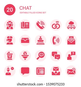 chat icon set. Collection of 20 filled chat icons included Call center, Phone receiver, Phone, Engagement, Network, Inbox, Conference, Call, Email, Conversation, Chat, Question