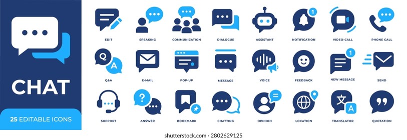 Chat icon set. Communication symbol collection. Editable pictograms for message, dialogue, email, support, feedback, notification, video call, phone call, messenger and online conversation design.