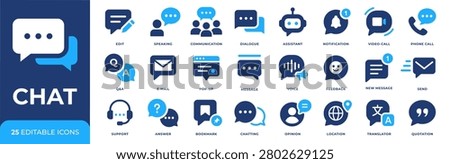 Chat icon set. Communication symbol collection. Editable pictograms for message, dialogue, email, support, feedback, notification, video call, phone call, messenger and online conversation design.