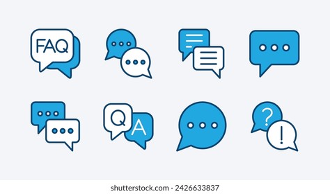 Conjunto de iconos de chat. Contiene burbuja de voz, mensaje, bandeja de entrada, preguntas frecuentes, preguntas y respuestas, comentarios, diálogo, comunicación y conversación. Ilustración de vector