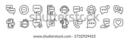 Chat icon set. Contains Speech bubble, message, inbox, comment, dialogue, talk, sound recording, contact, favorite, write, fast response, settings, conversation for social media - vector illustration