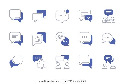 Chat-Icon-Set. Duotone Stil Linie Strich und fett. Vektorgrafik. Enthält Chat, Benachrichtigung, Gruppe, Datenschutz, Kommentare, Boten, Sprache, Blase, Support, Dienste, Konversation.