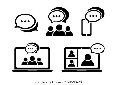 Chat icon set in flat style. Online message symbol in black. Simple speech bubbles, video conference and discuss signs. Vector illustration for graphic design, logo, Web, UI, mobile app