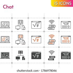 chat icon set. included professor, school, maths, book, login icons on white background. linear, bicolor, filled styles.