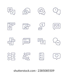 Juego de iconos de conversación. Icono de línea delgada. Trazo editable. Con discusión, chat, chat, tiempo, corazón.
