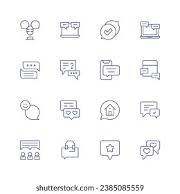 Juego de iconos de conversación. Icono de línea delgada. Trazo editable. Conteniendo charla, comentarios, mensajes, casa, revisión, chat, amor, chat en vivo.