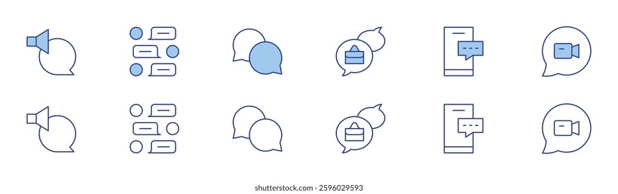Chat icon set in two styles, Duotone and Thin Line style. Editable stroke. Announcement Chat, Message Flow, Conversation Bubbles, Business Chat, Mobile Messaging, Video Chat.