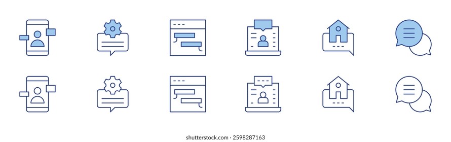 Chat icon set in two styles, Duotone and Thin Line style. Editable stroke. smartphone, message, chat, live streaming, home, conversation.