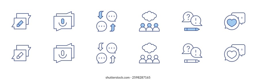 Chat icon set in two styles, Duotone and Thin Line style. Editable stroke. Text Editing Chat, Voice Message Chat, Conversation Exchange, Group Discussion.